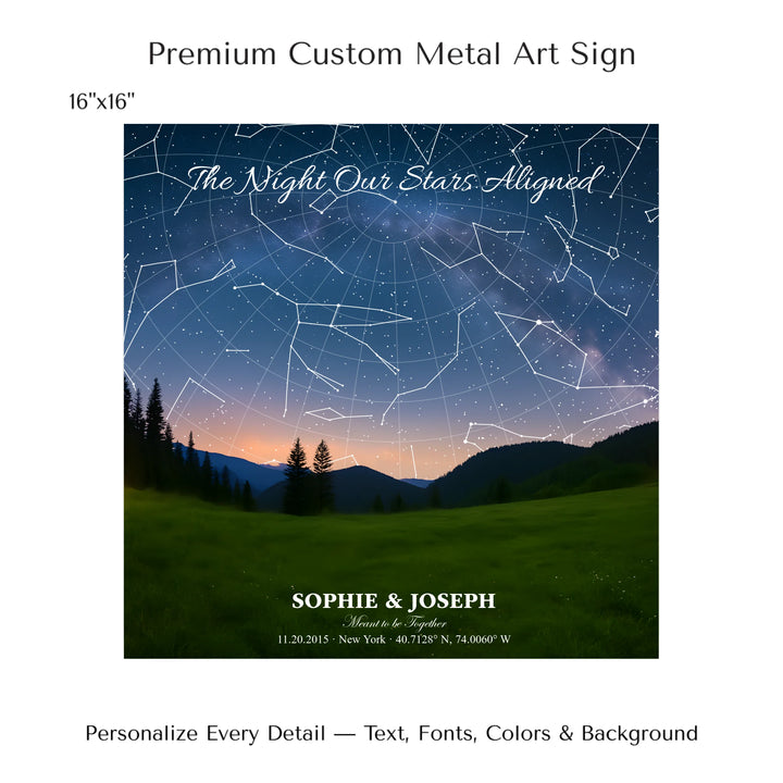 Personalized star map wall art with customizable background, title, names, date, location, and coordinates - 16x16 metal art sign-ARTFULANE