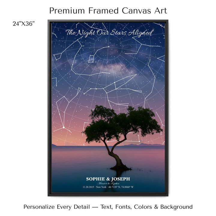 Personalized star map wall art with customizable background, title, names, date, location, and coordinates - 24x36 framed canvas-ARTFULANE