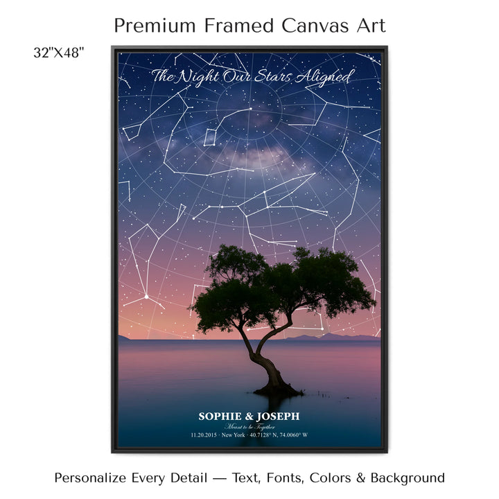 Personalized star map wall art with customizable background, title, names, date, location, and coordinates - 32x48 framed canvas-ARTFULANE