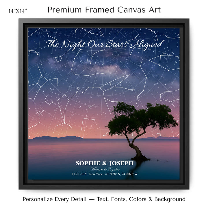 Personalized star map wall art with customizable background, title, names, date, location, and coordinates - 14x14 framed canvas-ARTFULANE