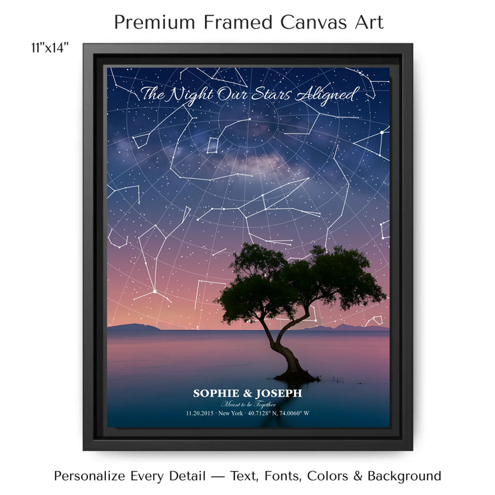 Personalized star map wall art with customizable background, title, names, date, location, and coordinates - 11x14 framed canvas-ARTFULANE
