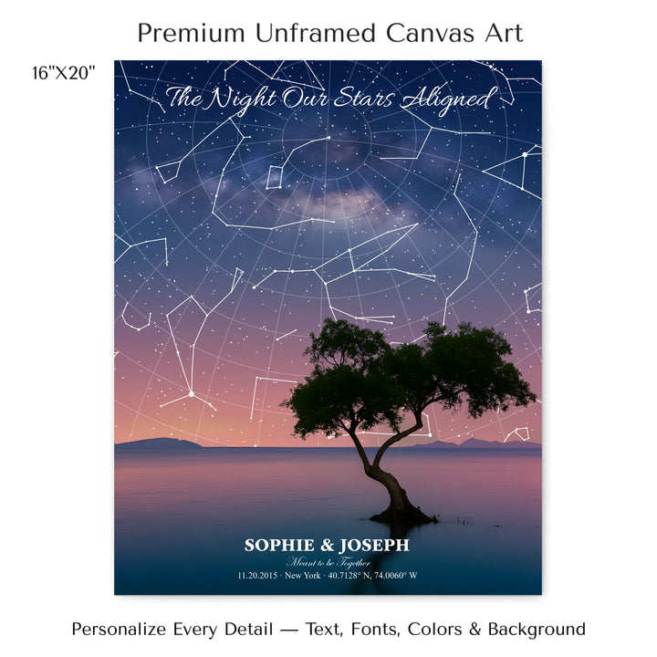Personalized star map wall art with customizable background, title, names, date, location, and coordinates - 16x20 stretched canvas-ARTFULANE
