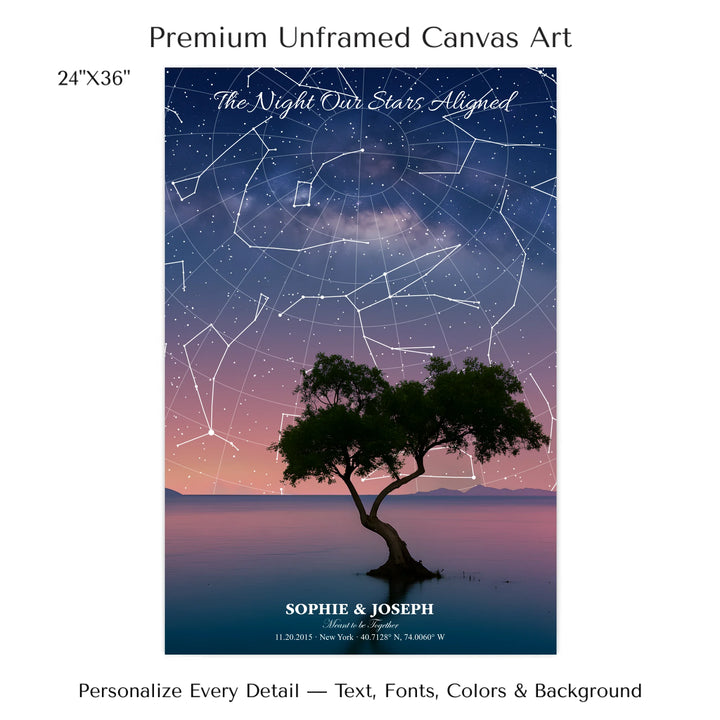 Personalized star map wall art with customizable background, title, names, date, location, and coordinates - 24x36 stretched canvas-ARTFULANE