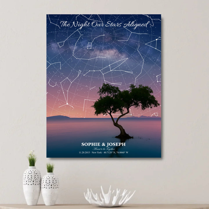 Personalized star map wall art with customizable background, title, names, date, location, and coordinates - unframed canvas on wall-ARTFULANE