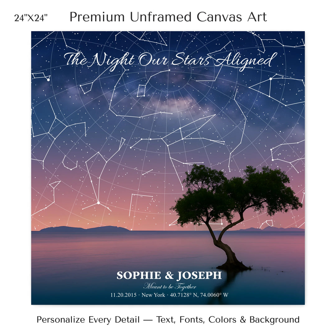 Personalized star map wall art with customizable background, title, names, date, location, and coordinates - 24x24 stretched canvas-ARTFULANE