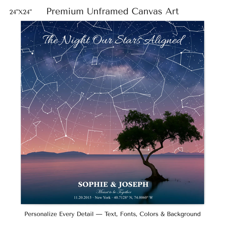 Personalized star map wall art with customizable background, title, names, date, location, and coordinates - 24x24 stretched canvas-ARTFULANE