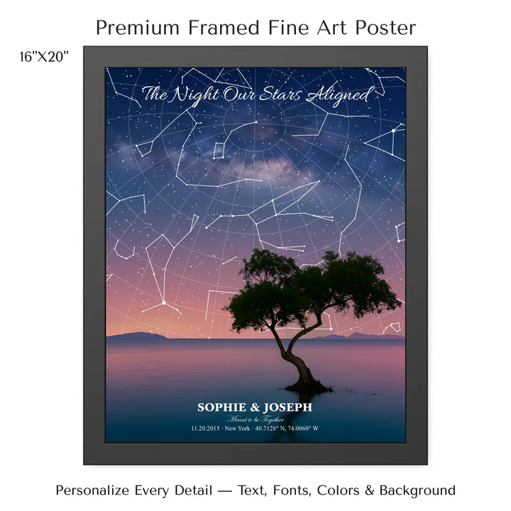 Personalized star map wall art with customizable background, title, names, date, location, and coordinates - 16x20 framed poster-ARTFULANE