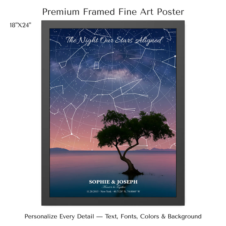 Personalized star map wall art with customizable background, title, names, date, location, and coordinates - 18x24 framed poster-ARTFULANE