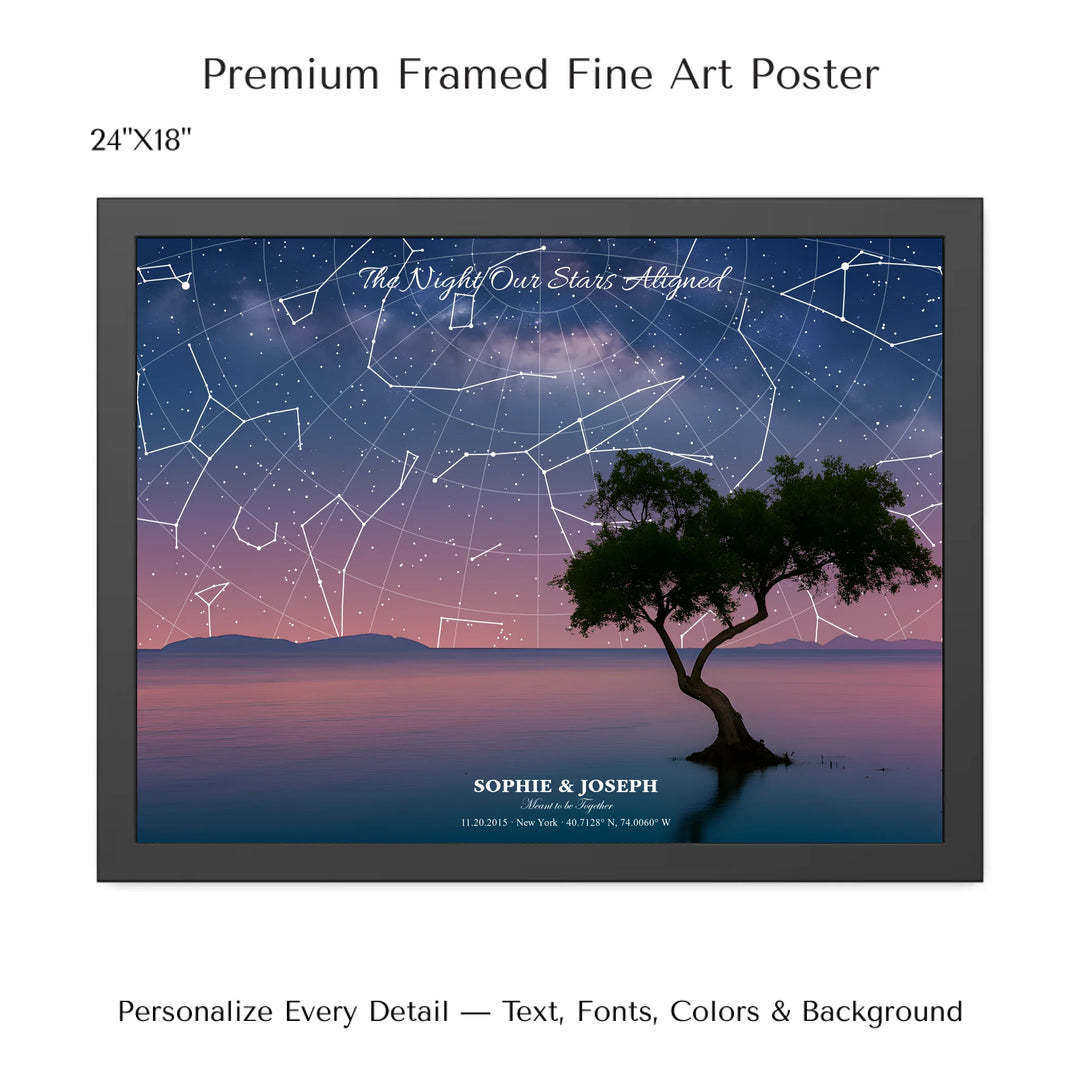 Personalized star map wall art with customizable background, title, names, date, location, and coordinates - 24x18 framed poster-ARTFULANE