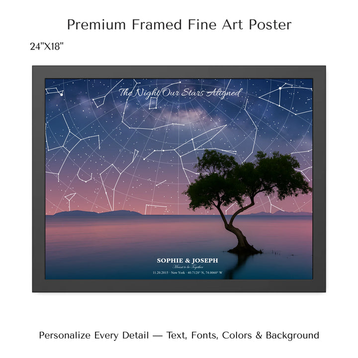 Personalized star map wall art with customizable background, title, names, date, location, and coordinates - 24x18 framed poster-ARTFULANE