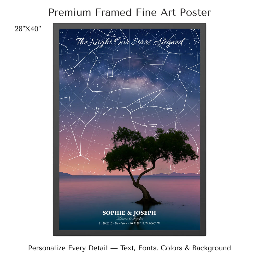 Personalized star map wall art with customizable background, title, names, date, location, and coordinates - 28x40 framed poster-ARTFULANE