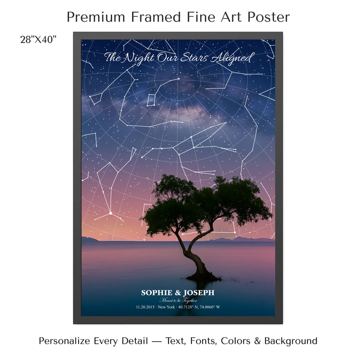 Personalized star map wall art with customizable background, title, names, date, location, and coordinates - 28x40 framed poster-ARTFULANE