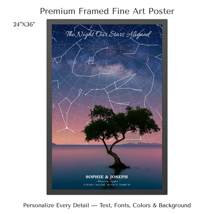 Personalized star map wall art with customizable background, title, names, date, location, and coordinates - 24x36 framed poster-ARTFULANE
