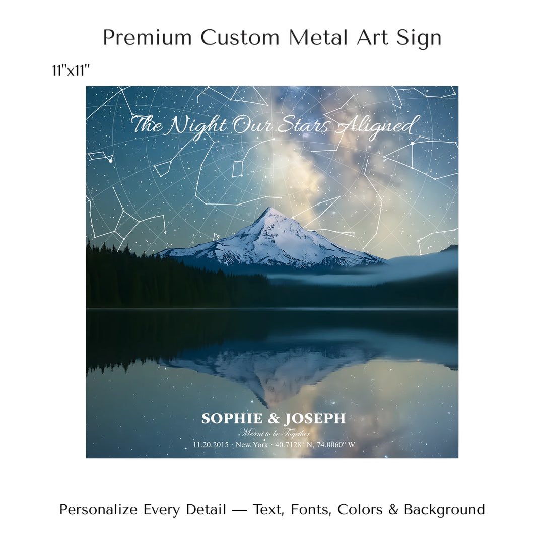 Personalized star map wall art with customizable background, title, names, date, location, and coordinates - 11x11 metal art sign-ARTFULANE