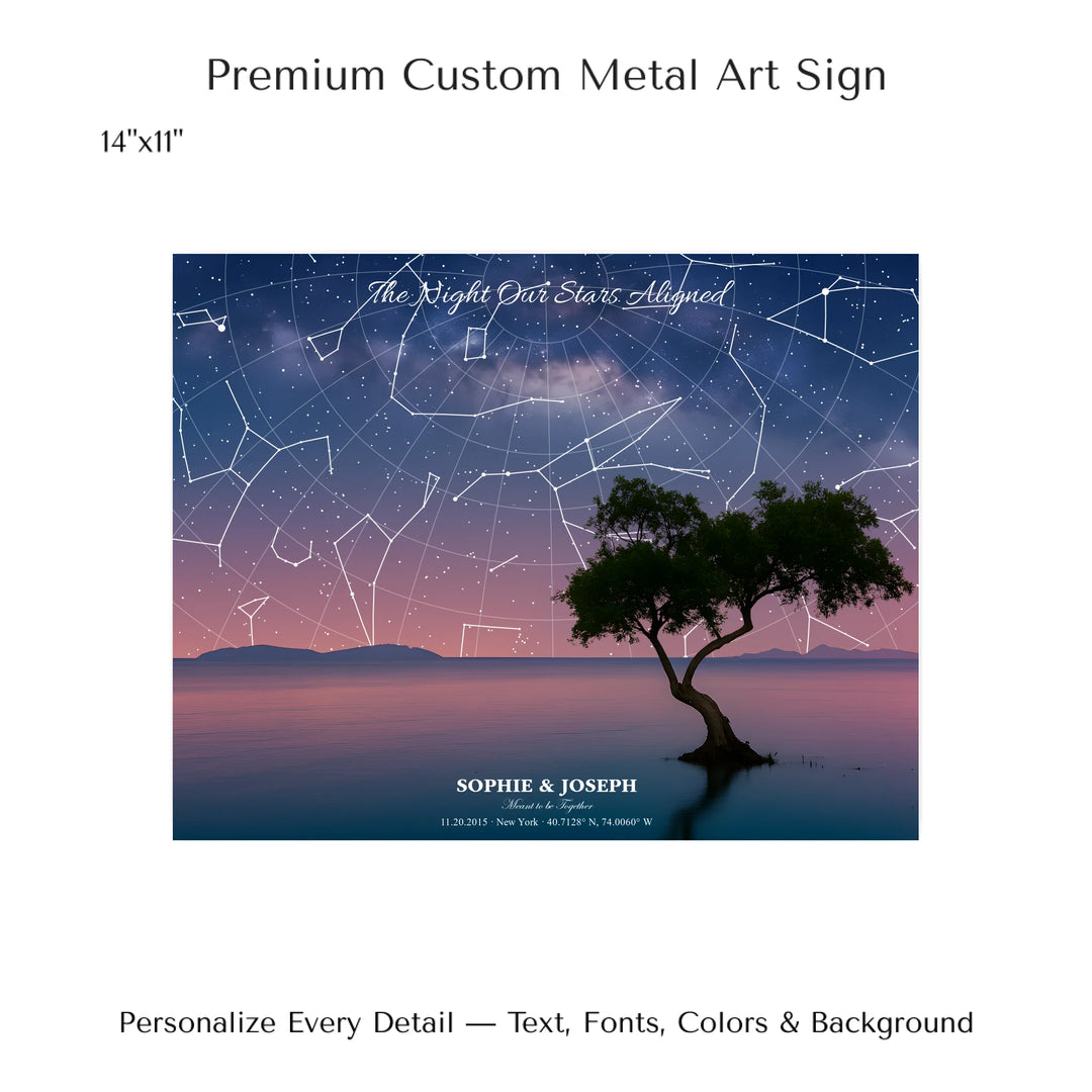 Personalized star map wall art with customizable background, title, names, date, location, and coordinates - 14x11 metal art sign-ARTFULANE