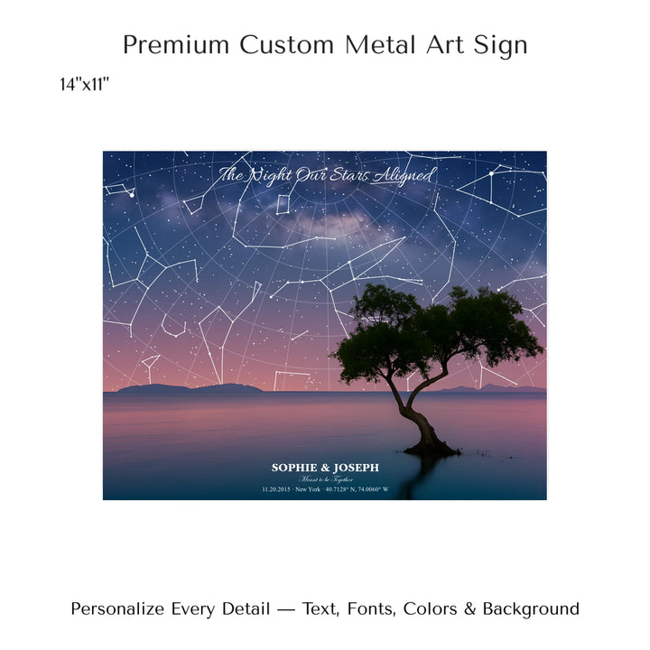 Personalized star map wall art with customizable background, title, names, date, location, and coordinates - 14x11 metal art sign-ARTFULANE