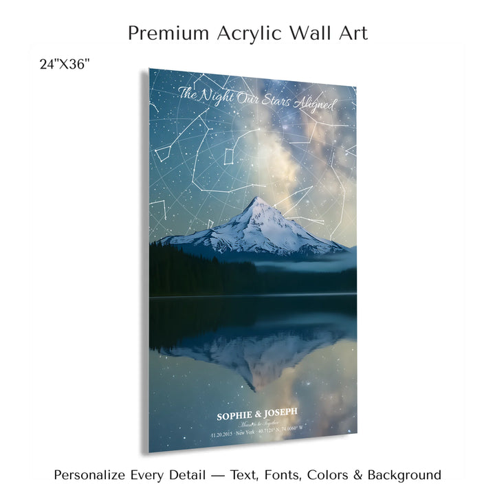 Personalized star map wall art with customizable background, title, names, date, location, and coordinates - 24x36 acrylic print with french cleat-ARTFULANE