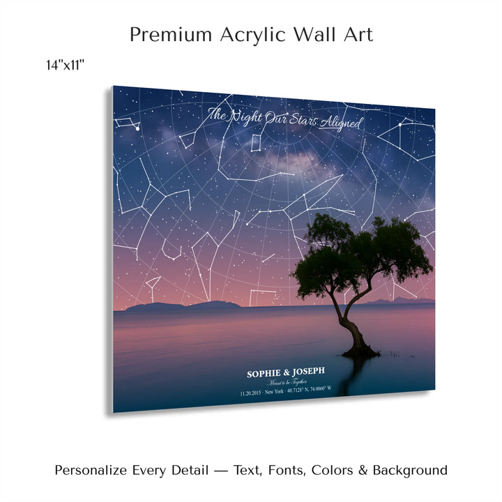 Personalized star map wall art with customizable background, title, names, date, location, and coordinates - 14x11 acrylic print with french cleat-ARTFULANE