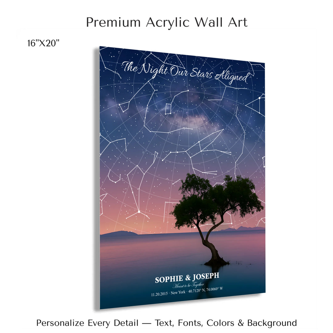 Personalized star map wall art with customizable background, title, names, date, location, and coordinates - 16x20 acrylic print with french cleat-ARTFULANE