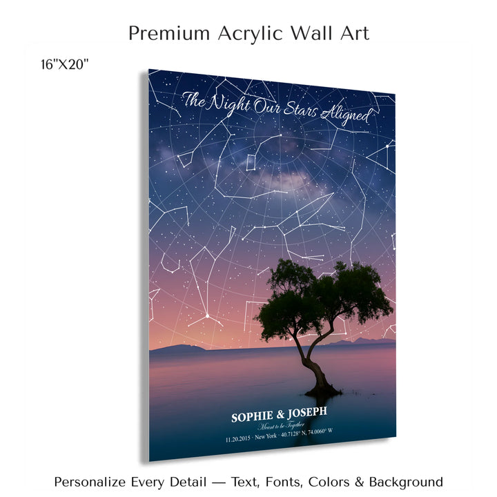 Personalized star map wall art with customizable background, title, names, date, location, and coordinates - 16x20 acrylic print with french cleat-ARTFULANE