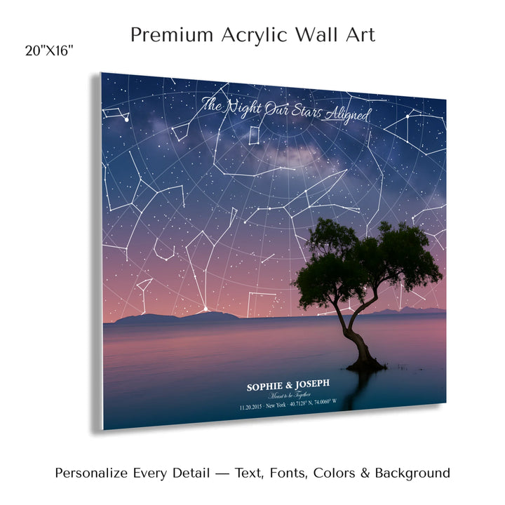 Personalized star map wall art with customizable background, title, names, date, location, and coordinates - 20x16 acrylic print with french cleat-ARTFULANE