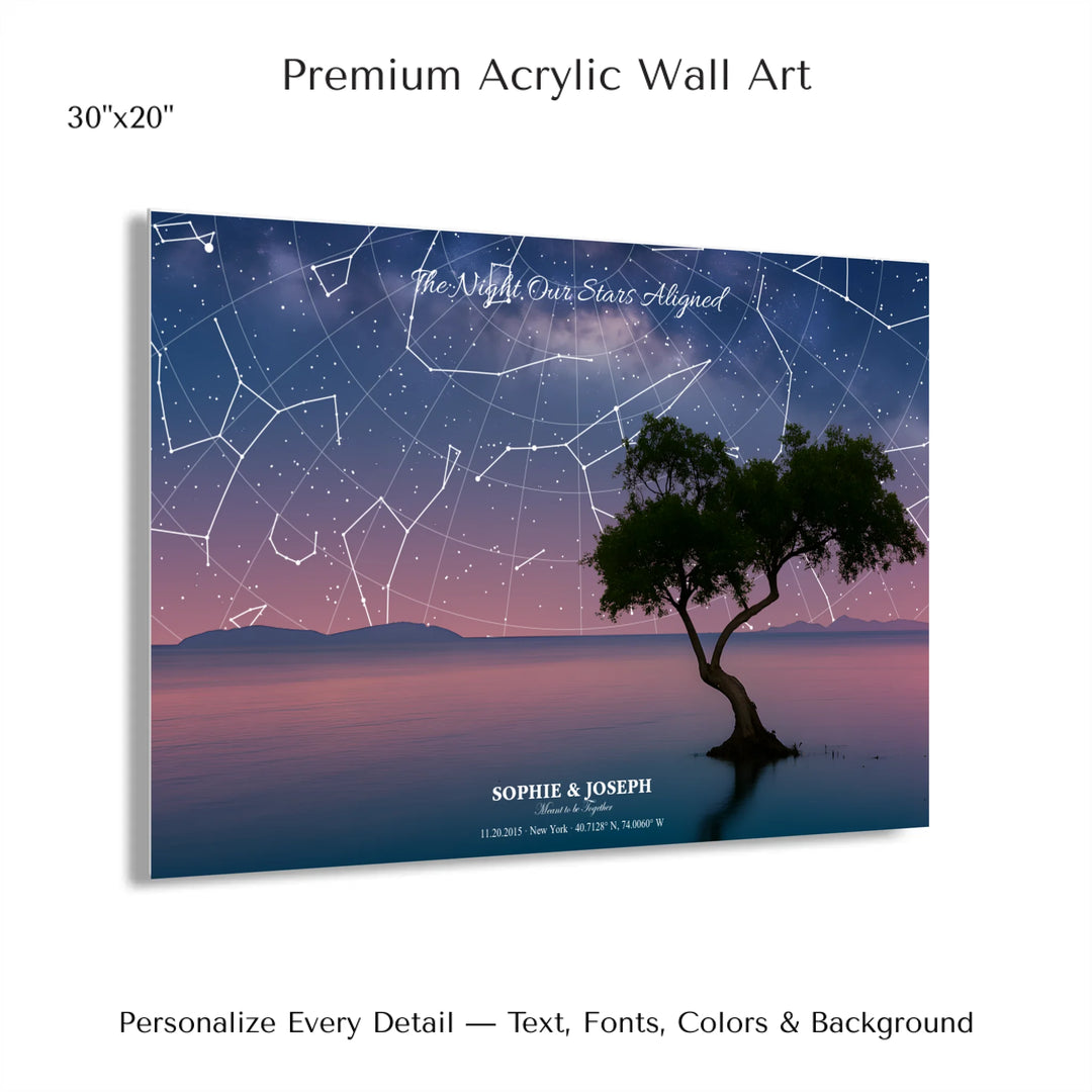 Personalized star map wall art with customizable background, title, names, date, location, and coordinates - 30x20 acrylic print with french cleat-ARTFULANE