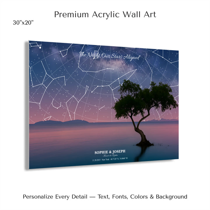 Personalized star map wall art with customizable background, title, names, date, location, and coordinates - 30x20 acrylic print with french cleat-ARTFULANE