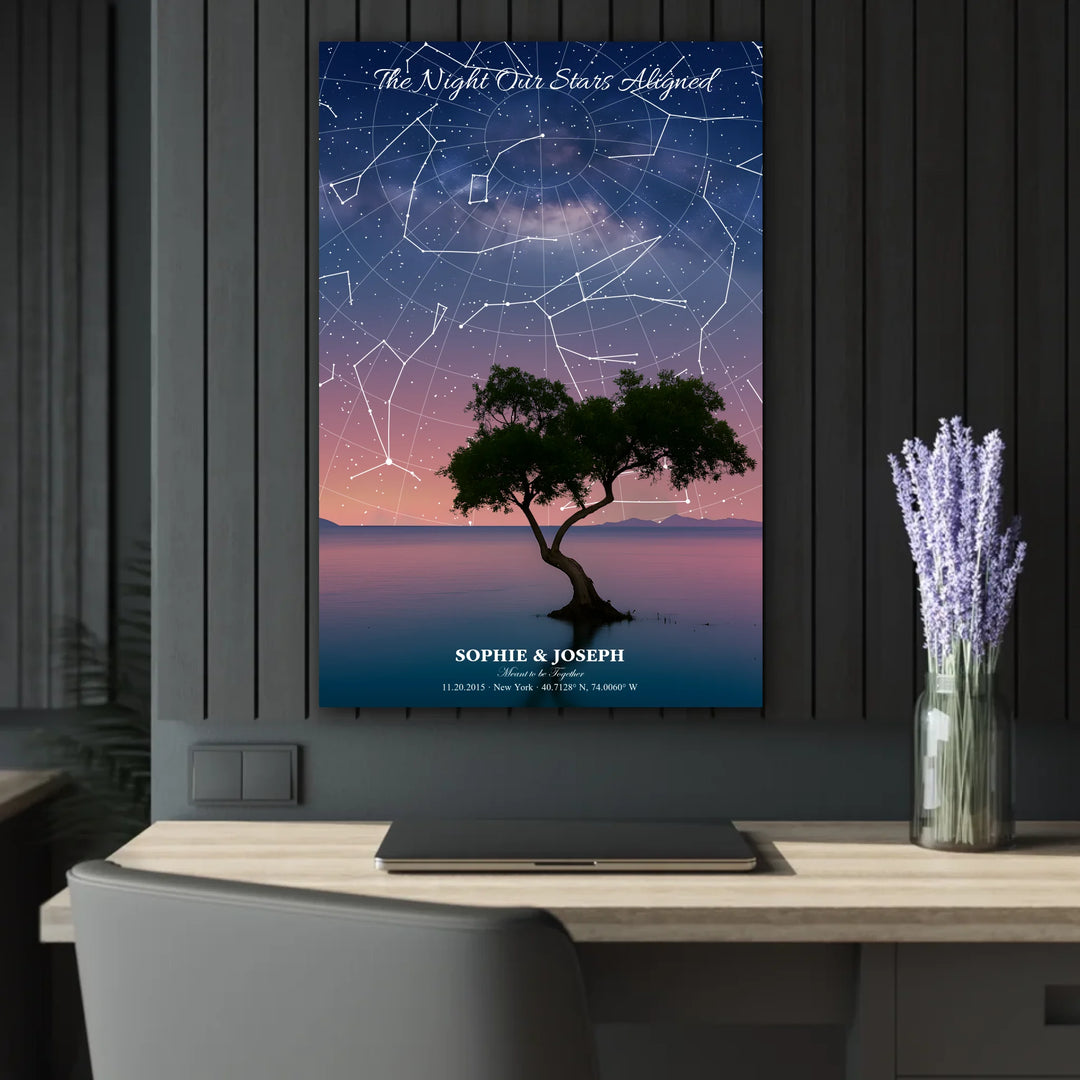 Personalized star map wall art with customizable background, title, names, date, location, and coordinates - 24x36 acrylic print french with cleat context-ARTFULANE