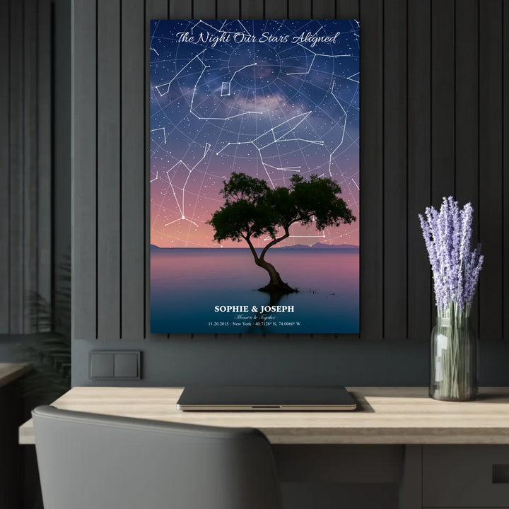 Personalized star map wall art with customizable background, title, names, date, location, and coordinates - 24x36 acrylic print french with cleat context-ARTFULANE
