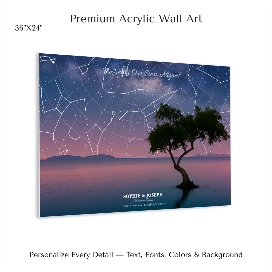 Personalized star map wall art with customizable background, title, names, date, location, and coordinates - 36x24 acrylic print with french cleat-ARTFULANE