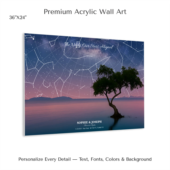 Personalized star map wall art with customizable background, title, names, date, location, and coordinates - 36x24 acrylic print with french cleat-ARTFULANE
