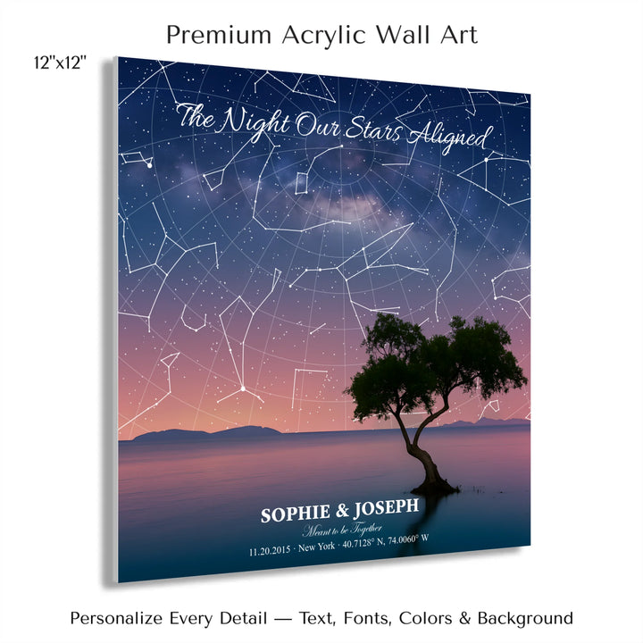 Personalized star map wall art with customizable background, title, names, date, location, and coordinates - 12x12 acrylic print with french cleat-ARTFULANE