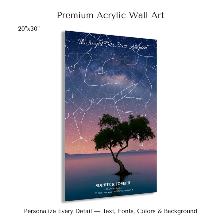 Personalized star map wall art with customizable background, title, names, date, location, and coordinates - 20x30 acrylic print with french cleat-ARTFULANE