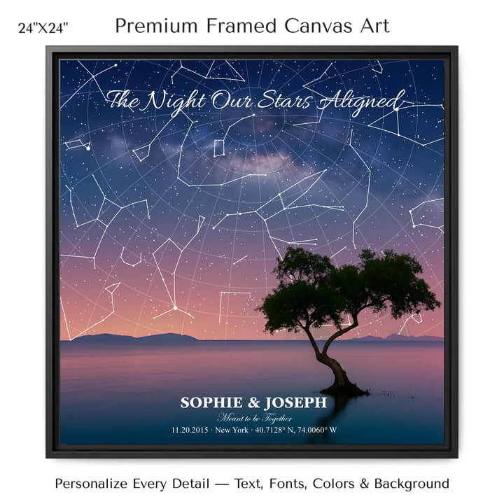Personalized star map wall art with customizable background, title, names, date, location, and coordinates - 24x24 framed canvas-ARTFULANE
