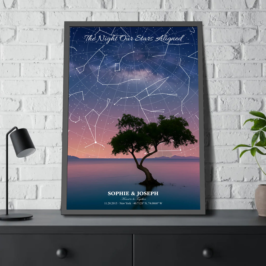 Personalized star map wall art with customizable background, title, names, date, location, and coordinates - 28x40 framed poster on table-ARTFULANE