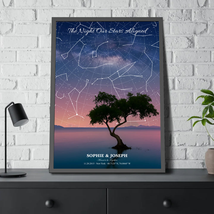 Personalized star map wall art with customizable background, title, names, date, location, and coordinates - 28x40 framed poster on table-ARTFULANE