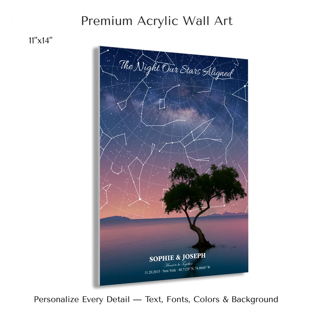 Personalized star map wall art with customizable background, title, names, date, location, and coordinates - 11x14 acrylic print with french cleat-ARTFULANE