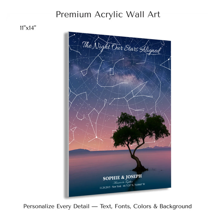 Personalized star map wall art with customizable background, title, names, date, location, and coordinates - 11x14 acrylic print with french cleat-ARTFULANE