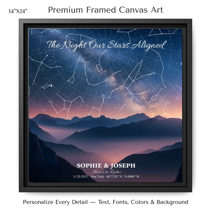Personalized star map wall art with customizable background, title, names, date, location, and coordinates - 14x14 framed canvas-ARTFULANE