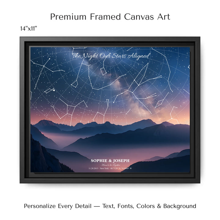 Personalized star map wall art with customizable background, title, names, date, location, and coordinates - 14x11 framed canvas-ARTFULANE