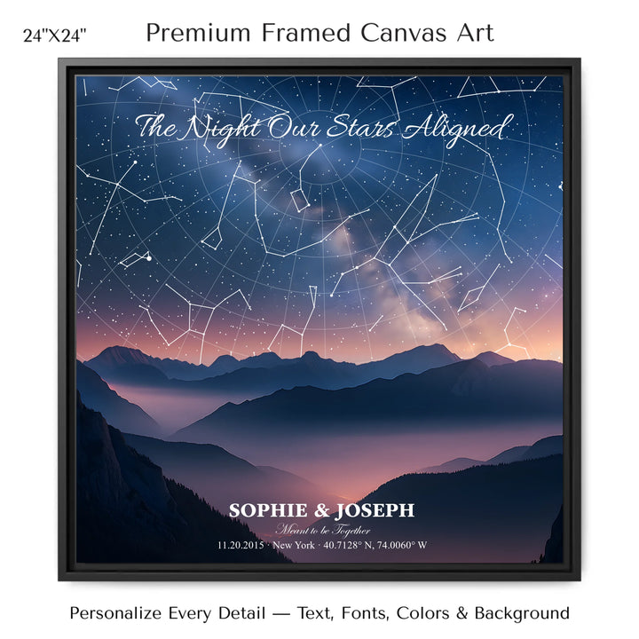 Personalized star map wall art with customizable background, title, names, date, location, and coordinates - 24x24 framed canvas-ARTFULANE