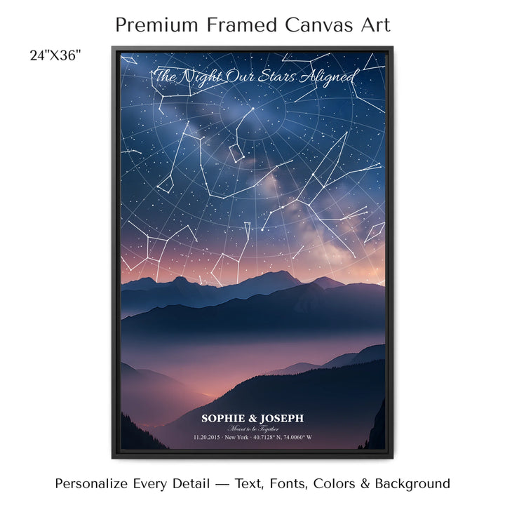 Personalized star map wall art with customizable background, title, names, date, location, and coordinates - 24x36 framed canvas-ARTFULANE
