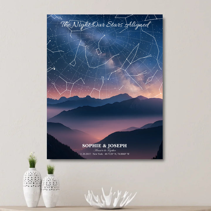 Personalized star map wall art with customizable background, title, names, date, location, and coordinates - unframed canvas on wall-ARTFULANE