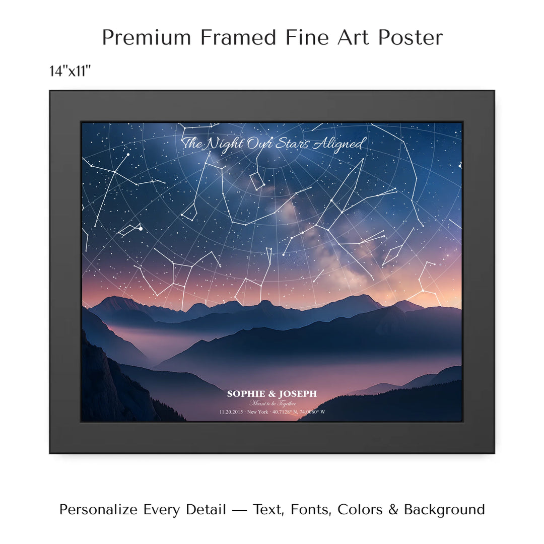 Personalized star map wall art with customizable background, title, names, date, location, and coordinates - 14x11 framed poster-ARTFULANE