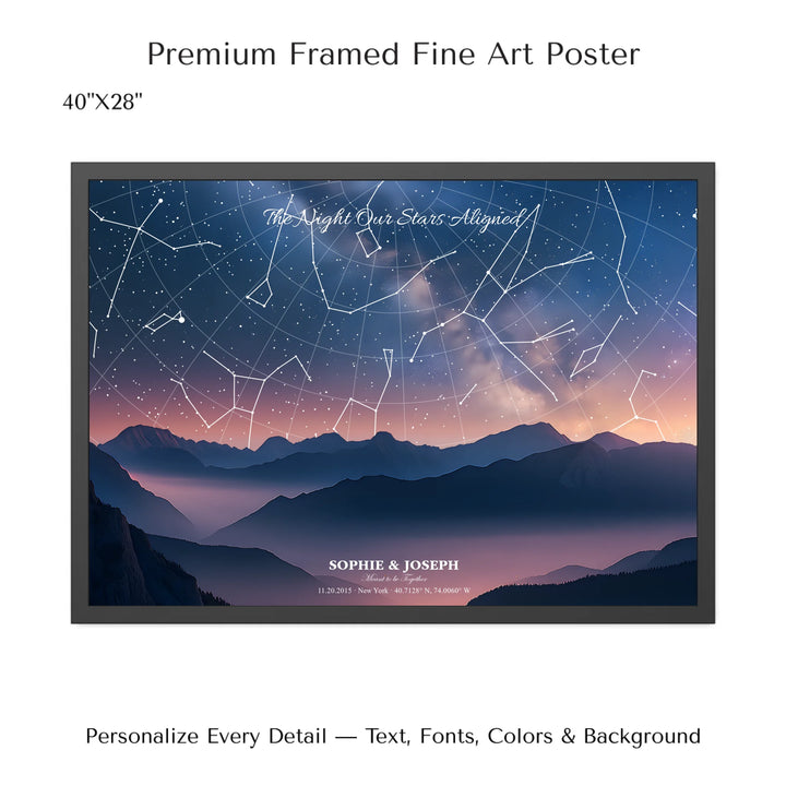 Personalized star map wall art with customizable background, title, names, date, location, and coordinates - 40x28 framed poster-ARTFULANE