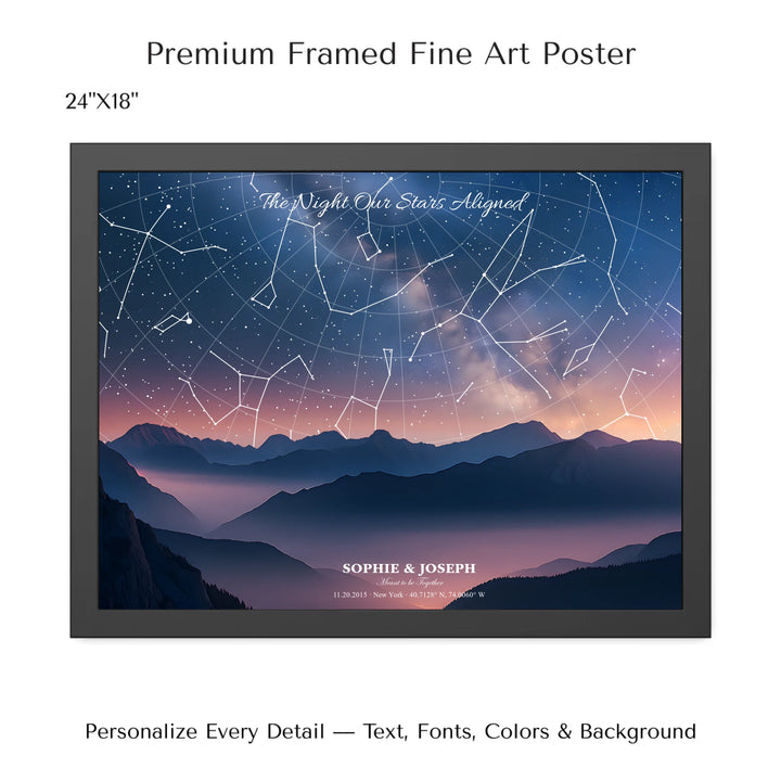 Personalized star map wall art with customizable background, title, names, date, location, and coordinates - 24x18 framed poster-ARTFULANE