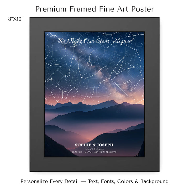 Personalized star map wall art with customizable background, title, names, date, location, and coordinates - 8x10 framed poster-ARTFULANE