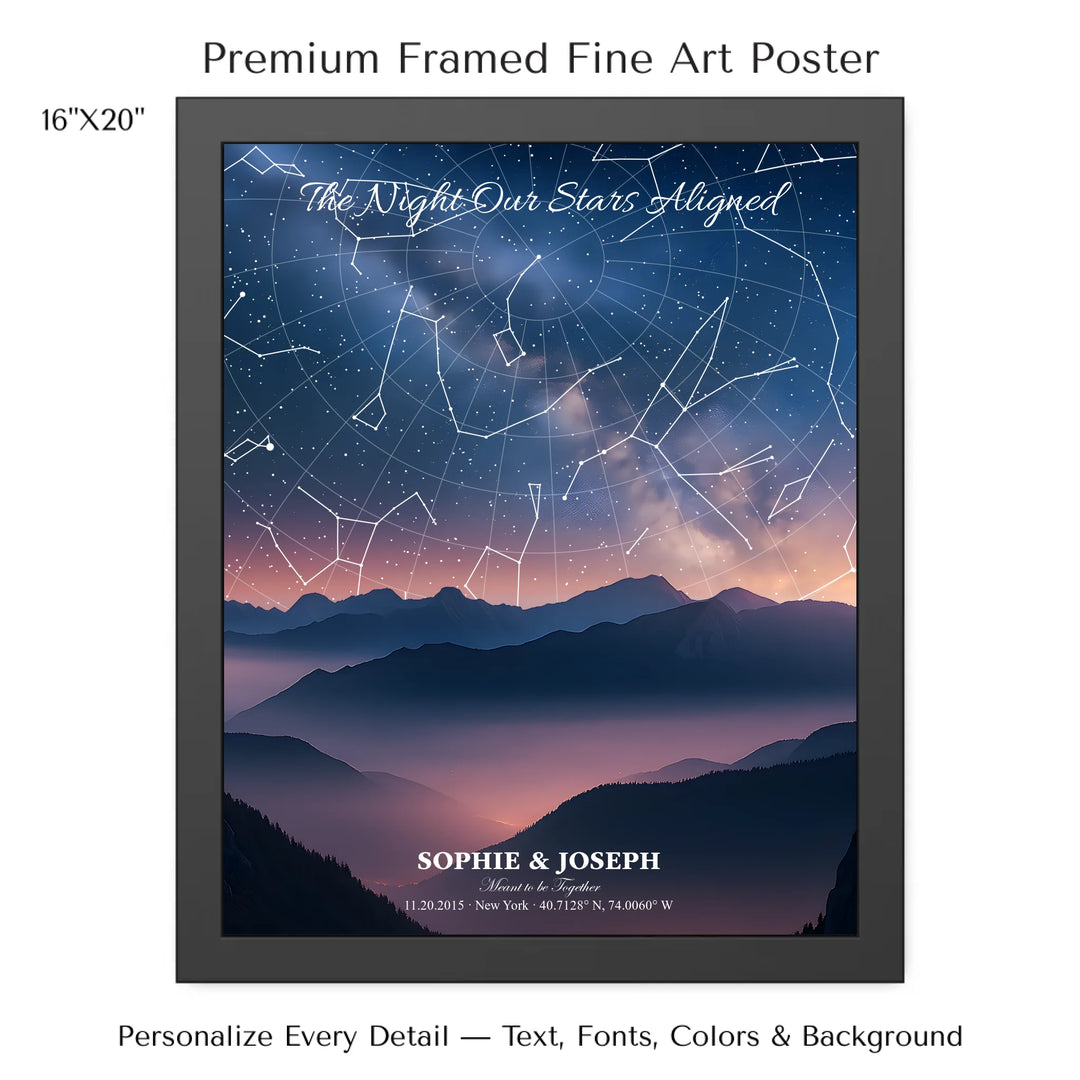 Personalized star map wall art with customizable background, title, names, date, location, and coordinates - 16x20 framed poster-ARTFULANE