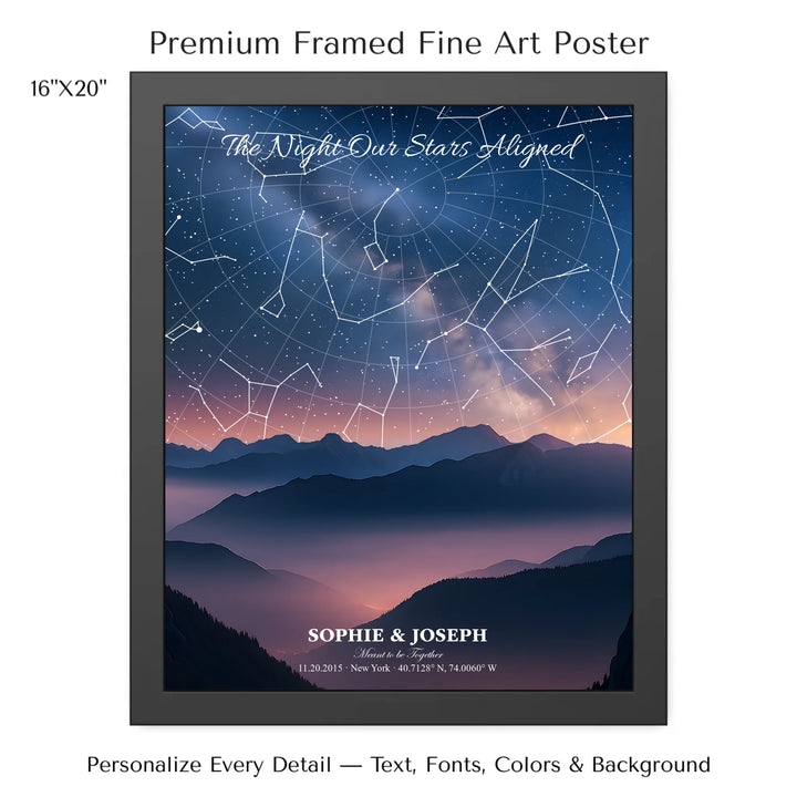 Personalized star map wall art with customizable background, title, names, date, location, and coordinates - 16x20 framed poster-ARTFULANE