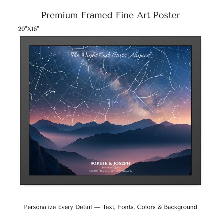 Personalized star map wall art with customizable background, title, names, date, location, and coordinates - 20x16 framed poster-ARTFULANE